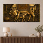 Sacred Mother Cow with Calf Metallic Look 3D Canvas Wall Painting