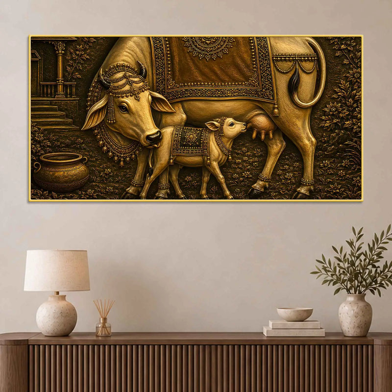 Sacred Mother Cow with Calf Metallic Look 3D Canvas Wall Painting