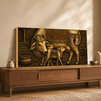 Sacred Mother Cow with Calf Metallic Look 3D Canvas Wall Painting