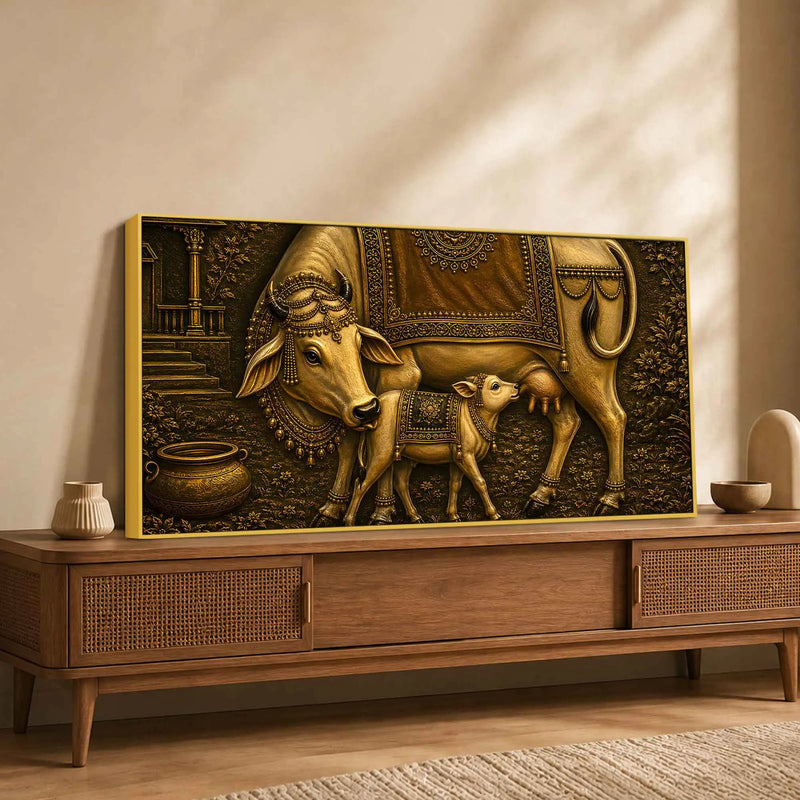 Sacred Mother Cow with Calf Metallic Look 3D Canvas Wall Painting