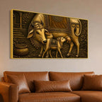 Sacred Mother Cow with Calf Metallic Look 3D Canvas Wall Painting