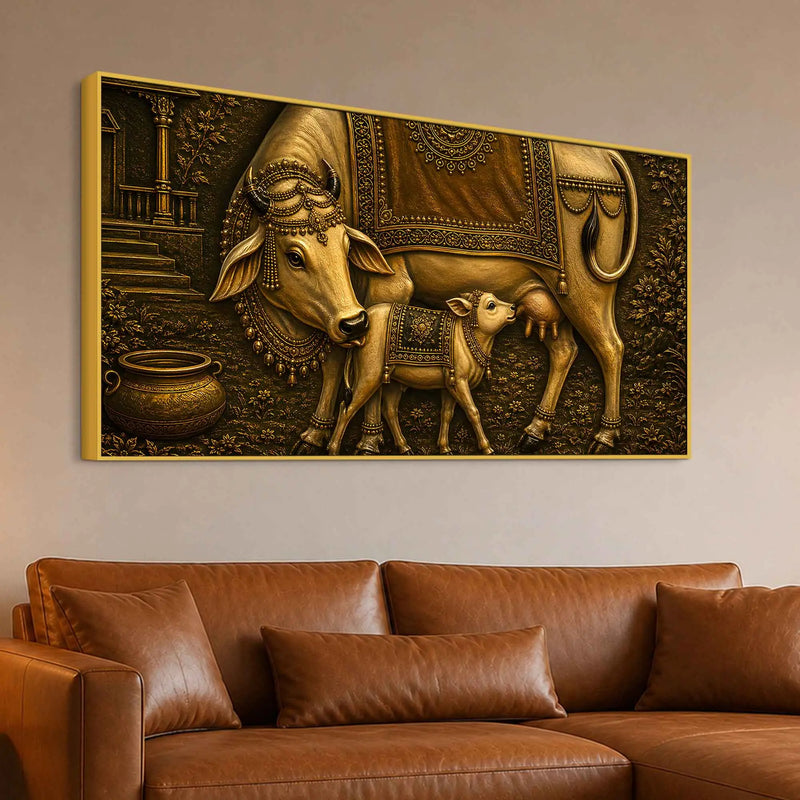 Sacred Mother Cow with Calf Metallic Look 3D Canvas Wall Painting