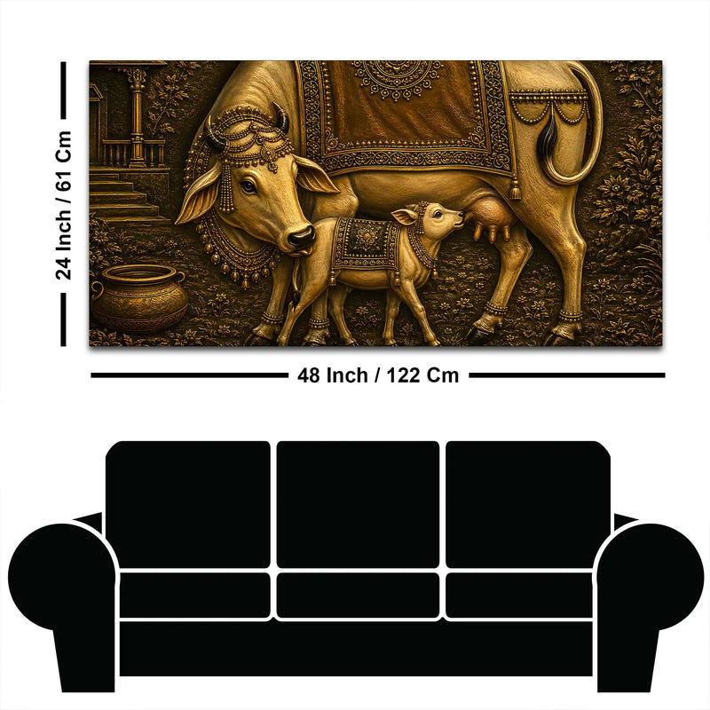 Sacred Mother Cow with Calf Metallic Look 3D Canvas Wall Painting