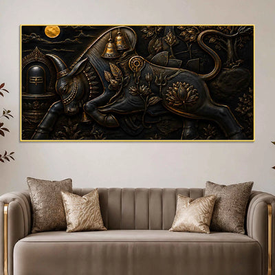 Sacred Nandi with Shivling Black & Gold Metallic Look 3D Canvas Wall Painting