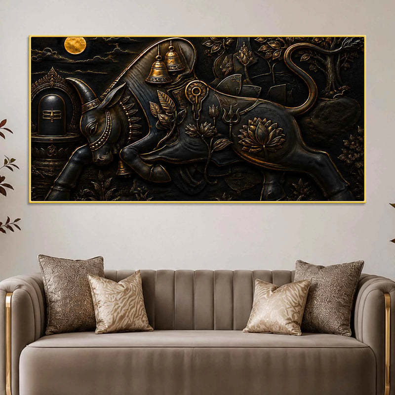Sacred Nandi with Shivling Black & Gold Metallic Look 3D Canvas Wall Painting