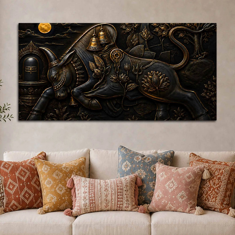 Sacred Nandi with Shivling Black & Gold Metallic Look 3D Canvas Wall Painting