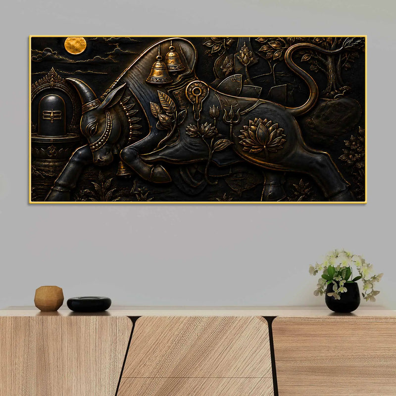 Sacred Nandi with Shivling Black & Gold Metallic Look 3D Canvas Wall Painting