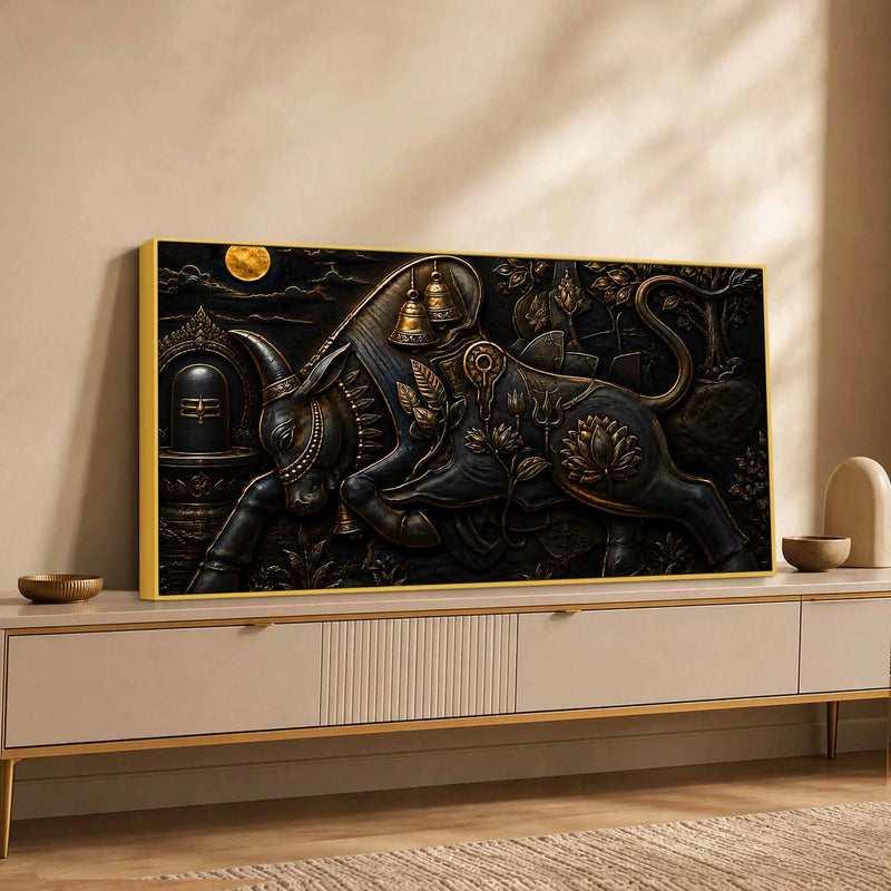 Sacred Nandi with Shivling Black & Gold Metallic Look 3D Canvas Wall Painting