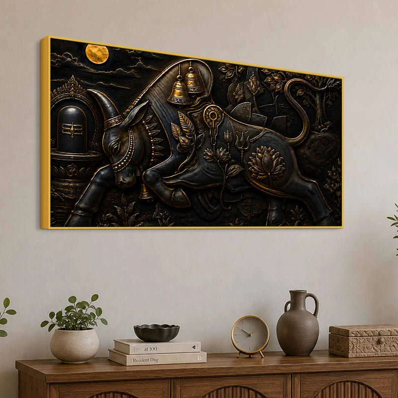 Sacred Nandi with Shivling Black & Gold Metallic Look 3D Canvas Wall Painting