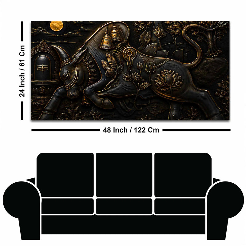 Sacred Nandi with Shivling Black & Gold Metallic Look 3D Canvas Wall Painting