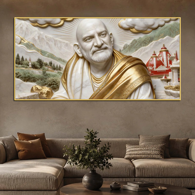 Sacred Neem Karoli Baba with Himalayan Temple 3D Canvas Wall Painting