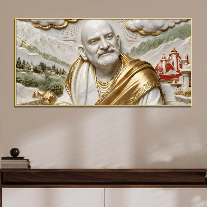 Sacred Neem Karoli Baba with Himalayan Temple 3D Canvas Wall Painting