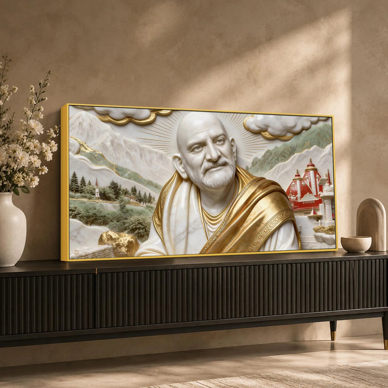 Sacred Neem Karoli Baba with Himalayan Temple 3D Canvas Wall Painting