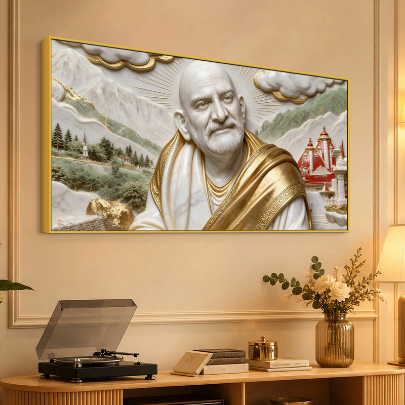 Sacred Neem Karoli Baba with Himalayan Temple 3D Canvas Wall Painting