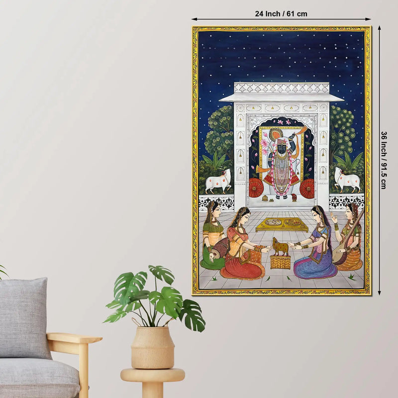 Sacred Night Darshan of Shrinathji in the Temple Pichwai Canvas Wall Painting