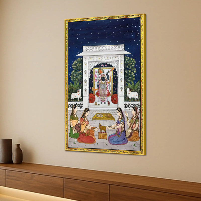 Sacred Night Darshan of Shrinathji in the Temple Pichwai Canvas Wall Painting