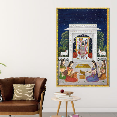 Sacred Night Darshan of Shrinathji in the Temple Pichwai Canvas Wall Painting