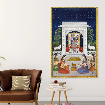 Sacred Night Darshan of Shrinathji in the Temple Pichwai Canvas Wall Painting