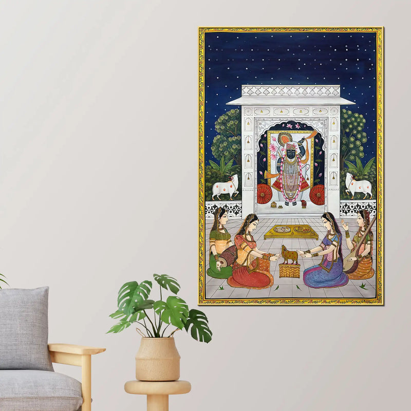 Sacred Night Darshan of Shrinathji in the Temple Pichwai Canvas Wall Painting