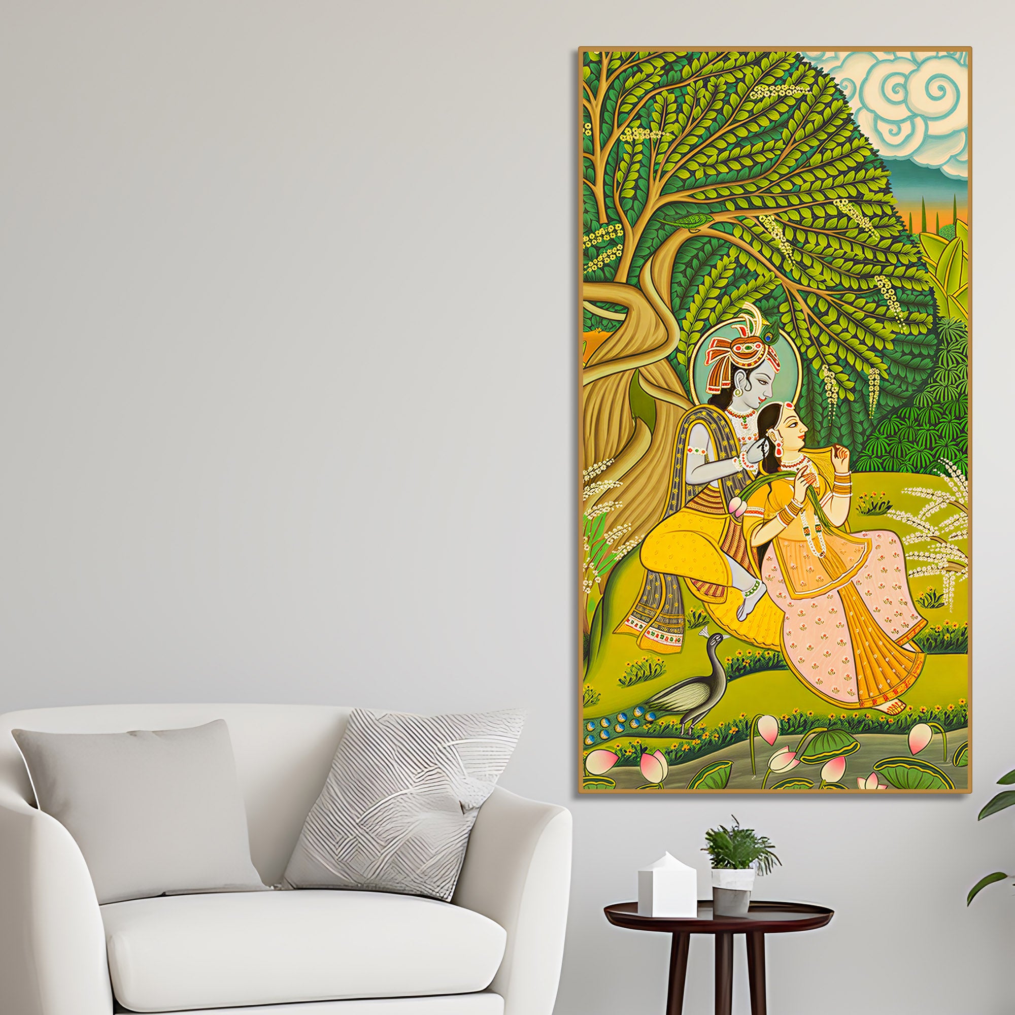 Sacred Radha Krishna Nature Scene Canvas Painting | Spiritual Wall Decor