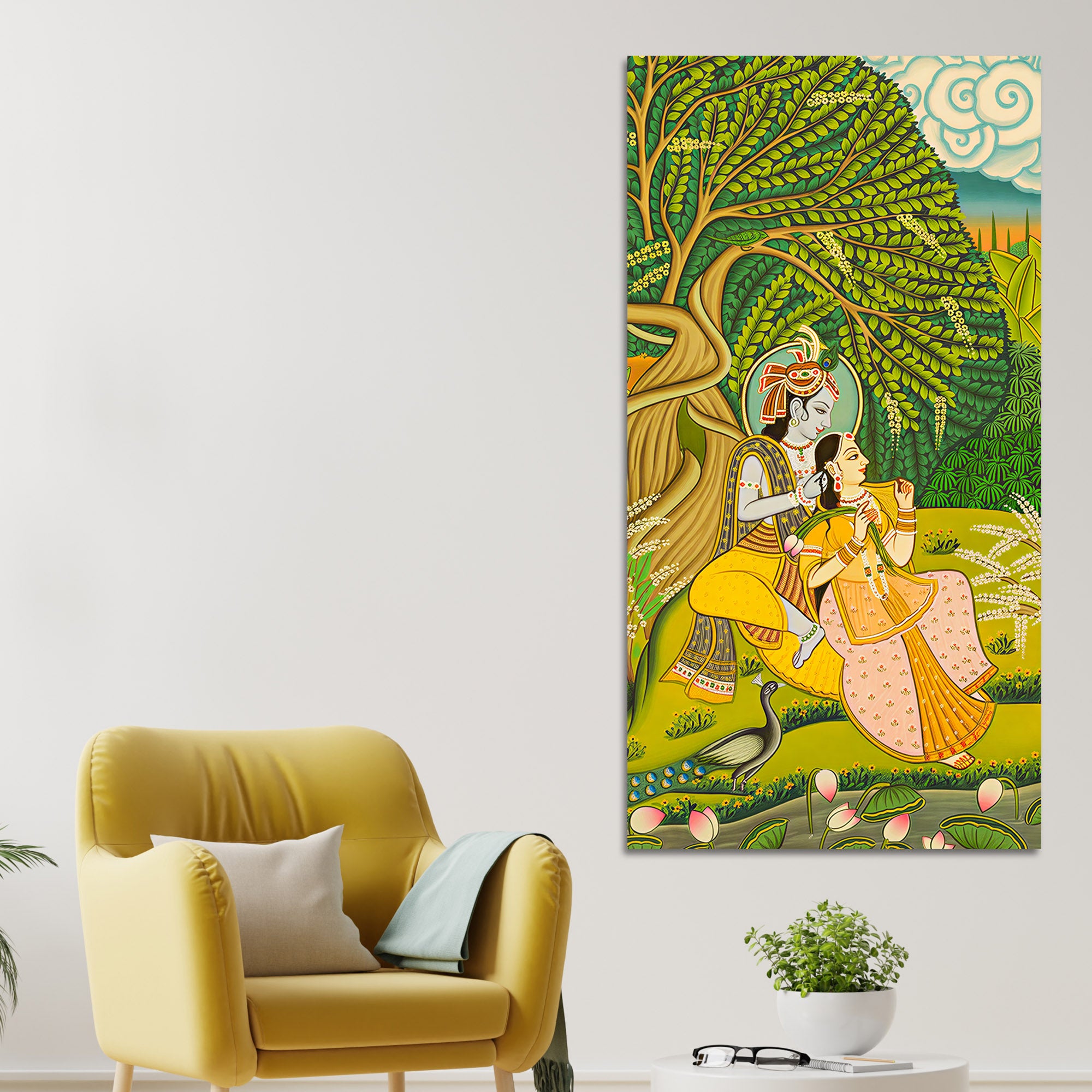 Sacred Radha Krishna Nature Scene Canvas Painting | Spiritual Wall Decor