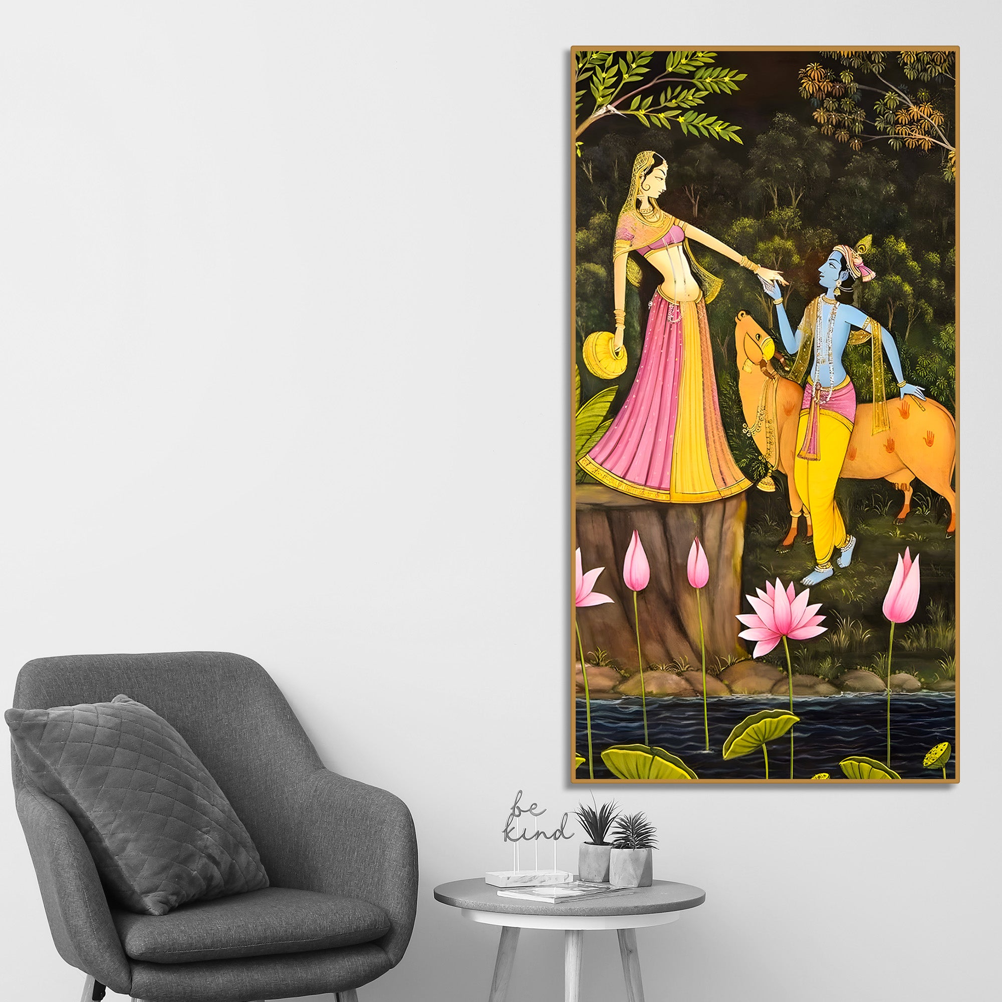 Sacred Radha Krishna with Cow Canvas Wall Art Painting | Spiritual Indian Home Decor