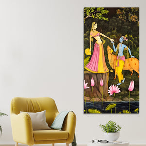 Sacred Radha Krishna with Cow Canvas Wall Art Painting | Spiritual Indian Home Decor