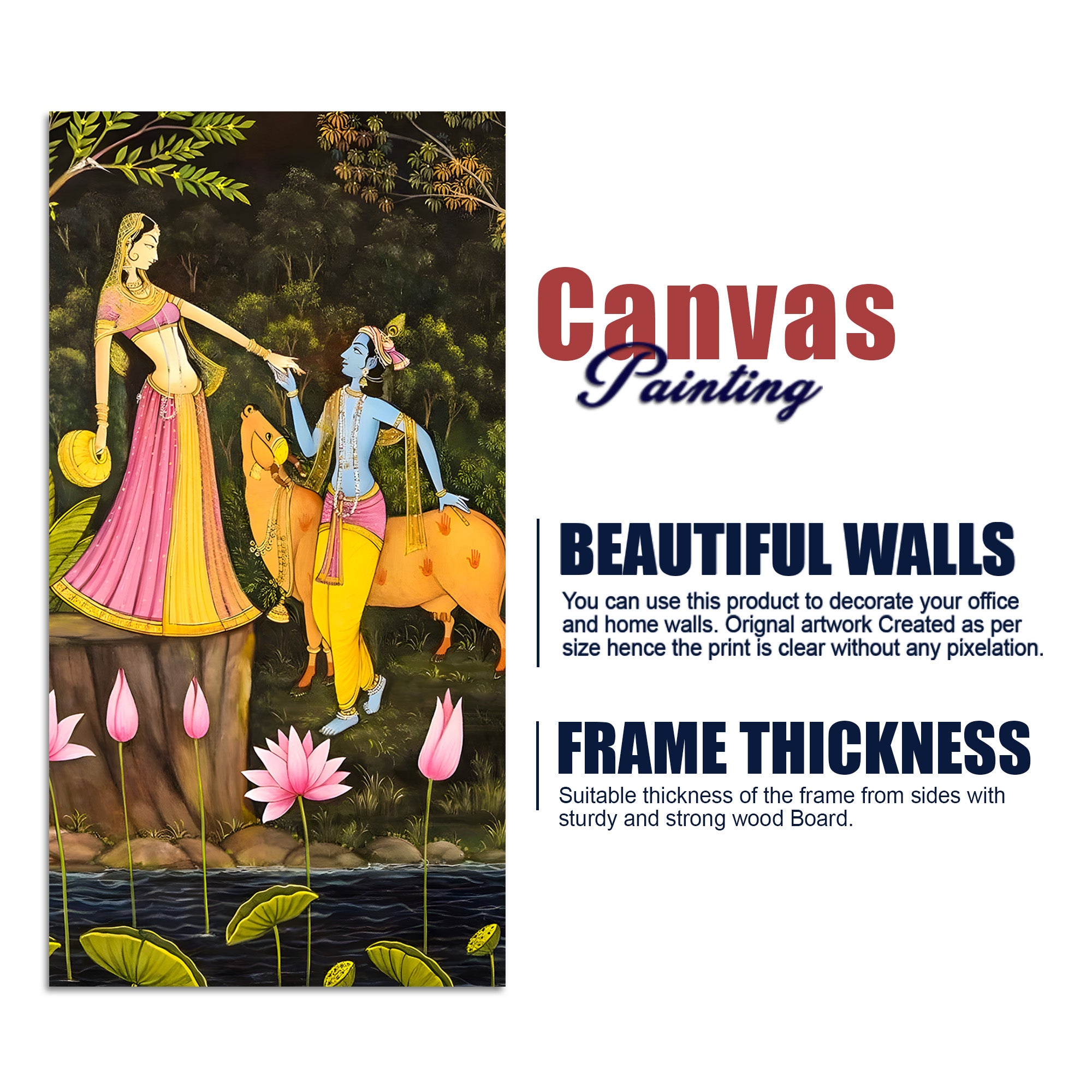 Sacred Radha Krishna with Cow Canvas Wall Art Painting | Spiritual Indian Home Decor