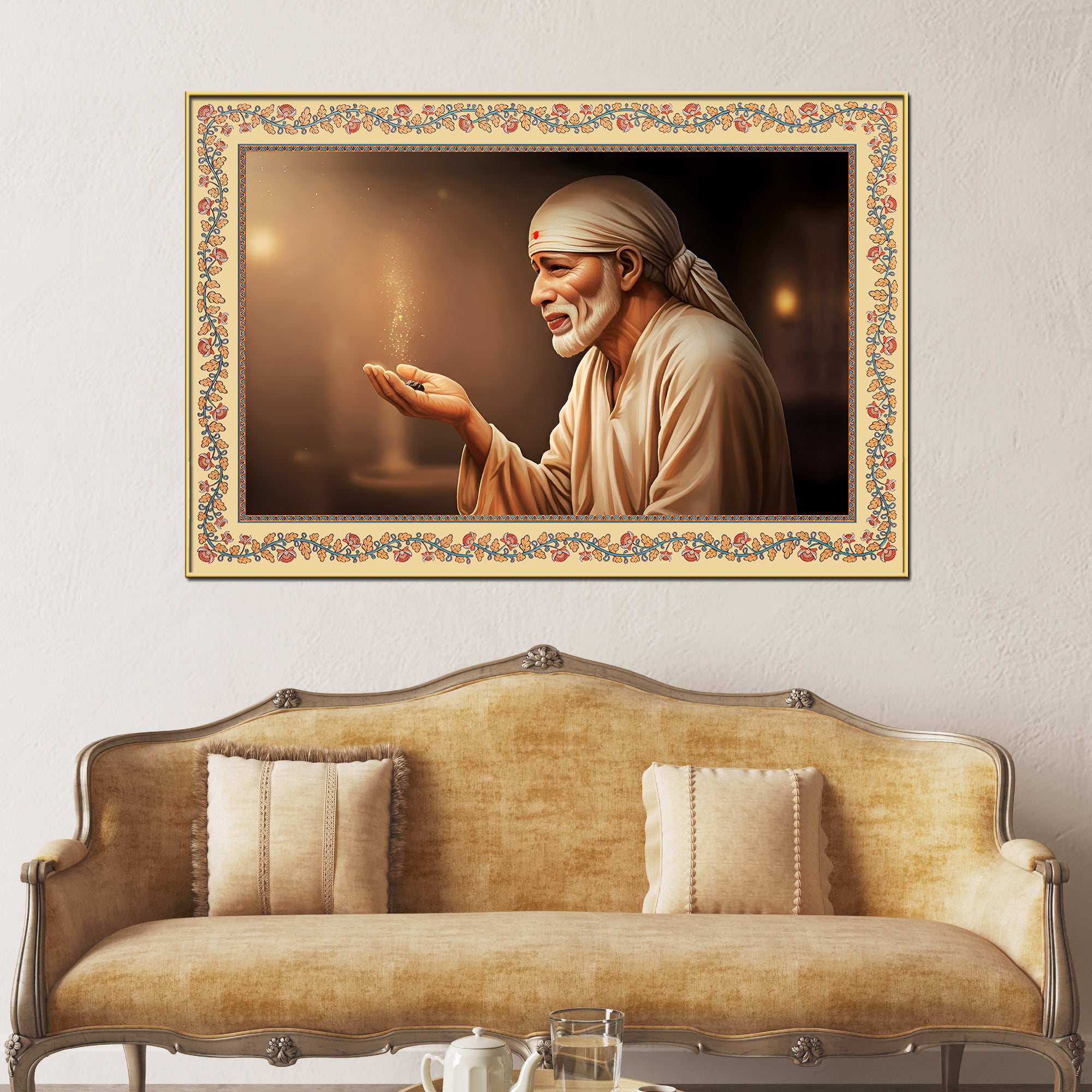 Sacred Shirdi Sai Baba Floral Border Canvas Wall Painting