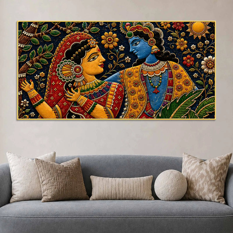 Sacred Shree Radha Krishna Floral Embroidery Tanjore Style 3D Canvas Wall Painting