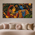 Sacred Shree Radha Krishna Floral Embroidery Tanjore Style 3D Canvas Wall Painting