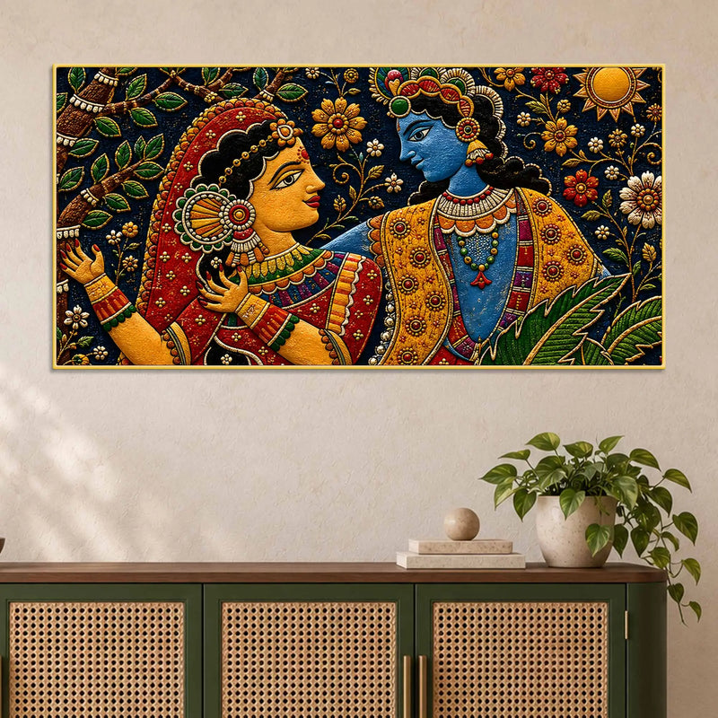 Sacred Shree Radha Krishna Floral Embroidery Tanjore Style 3D Canvas Wall Painting