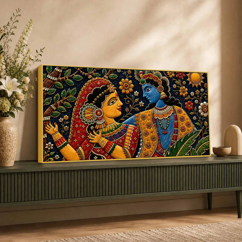 Sacred Shree Radha Krishna Floral Embroidery Tanjore Style 3D Canvas Wall Painting