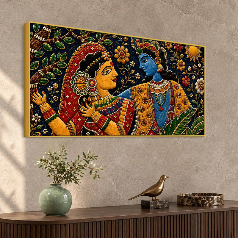 Sacred Shree Radha Krishna Floral Embroidery Tanjore Style 3D Canvas Wall Painting