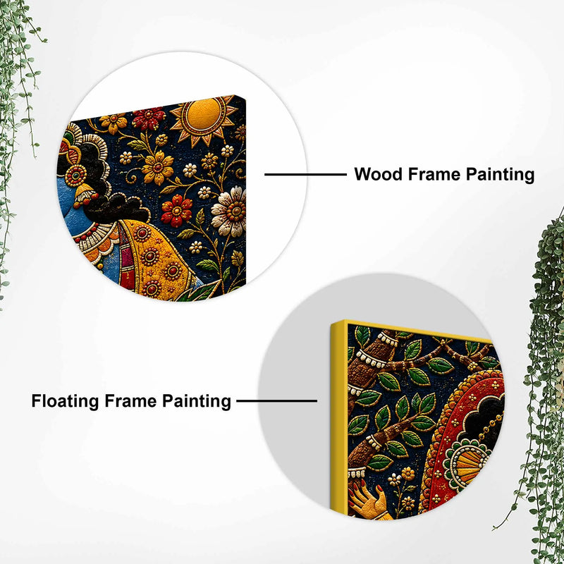 Sacred Shree Radha Krishna Floral Embroidery Tanjore Style 3D Canvas Wall Painting