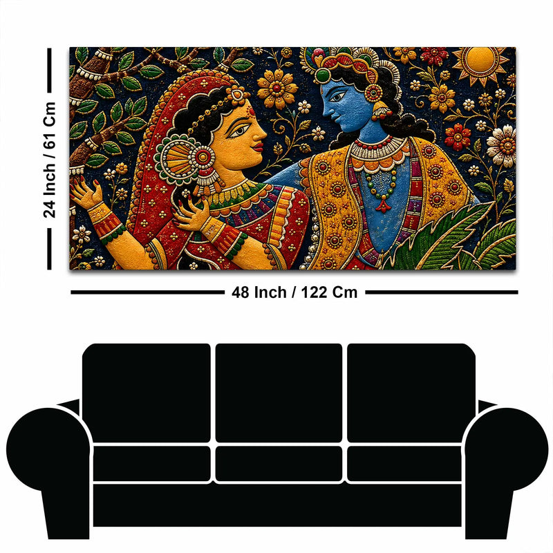 Sacred Shree Radha Krishna Floral Embroidery Tanjore Style 3D Canvas Wall Painting