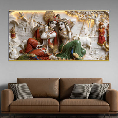 Sacred Shree Radha Krishna Playing Flute with Peacocks & Cows 3D Canvas Wall Painting