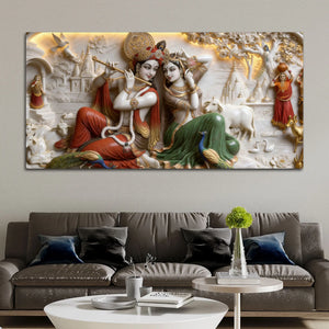 Sacred Shree Radha Krishna Playing Flute with Peacocks & Cows 3D Canvas Wall Painting