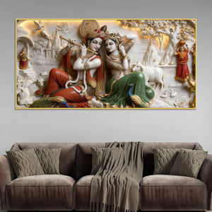 Sacred Shree Radha Krishna Playing Flute with Peacocks & Cows 3D Canvas Wall Painting