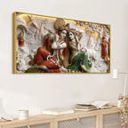Sacred Shree Radha Krishna Playing Flute with Peacocks & Cows 3D Canvas Wall Painting