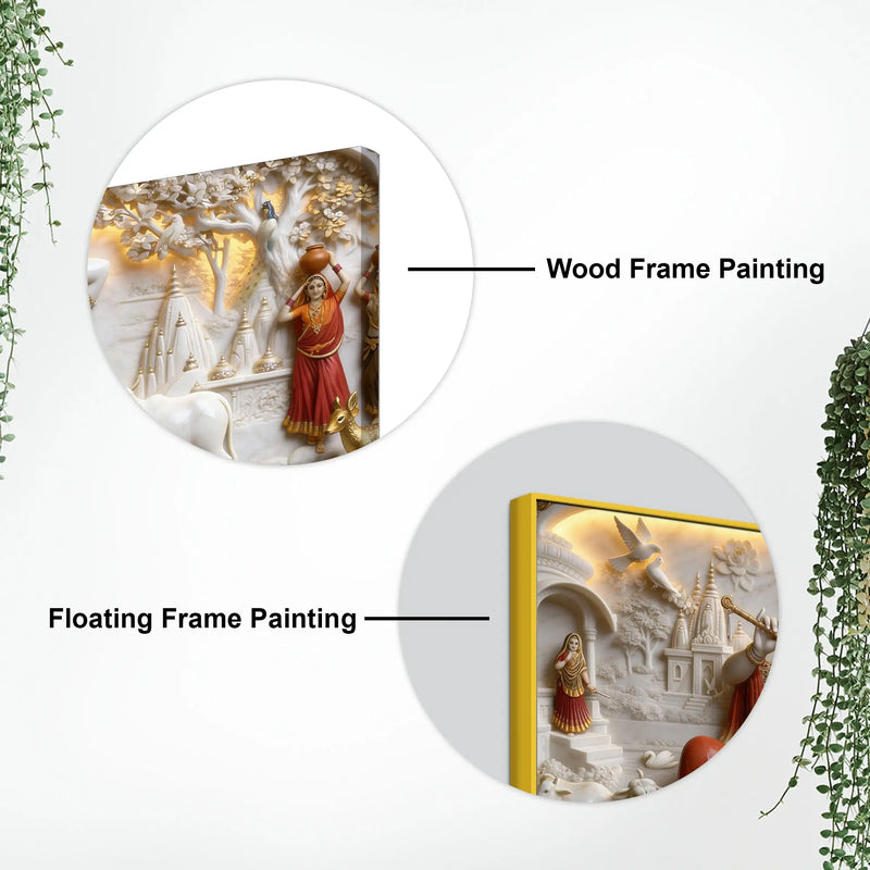 Sacred Shree Radha Krishna Playing Flute with Peacocks & Cows 3D Canvas Wall Painting
