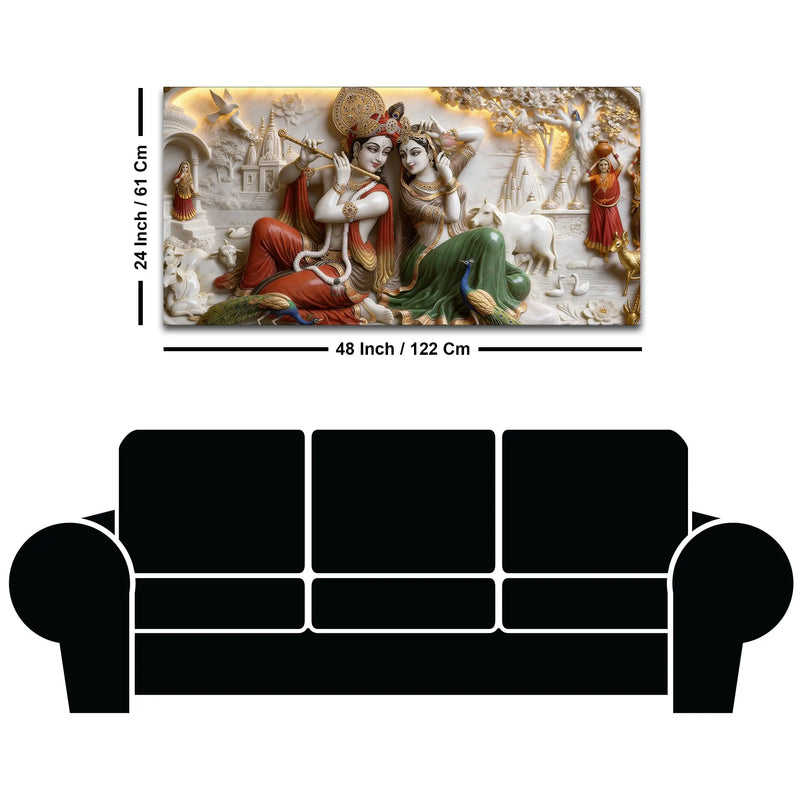 Sacred Shree Radha Krishna Playing Flute with Peacocks & Cows 3D Canvas Wall Painting
