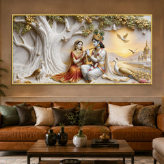 Sacred Shree Radha Krishna Riverside with Peacocks 3D Canvas Wall Painting