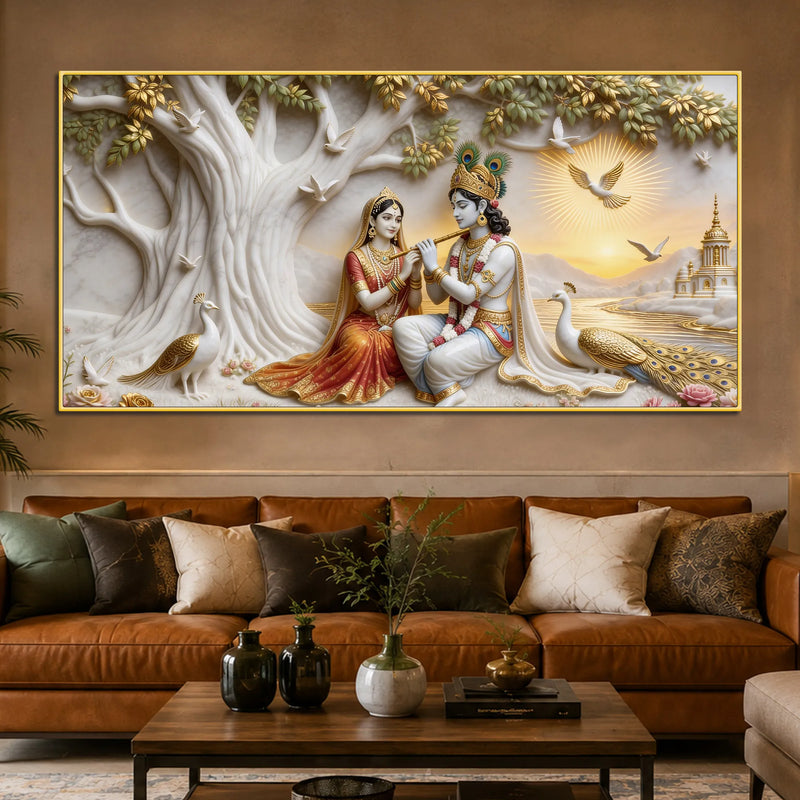Sacred Shree Radha Krishna Riverside with Peacocks 3D Canvas Wall Painting