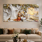 Sacred Shree Radha Krishna Riverside with Peacocks 3D Canvas Wall Painting