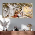 Sacred Shree Radha Krishna Riverside with Peacocks 3D Canvas Wall Painting