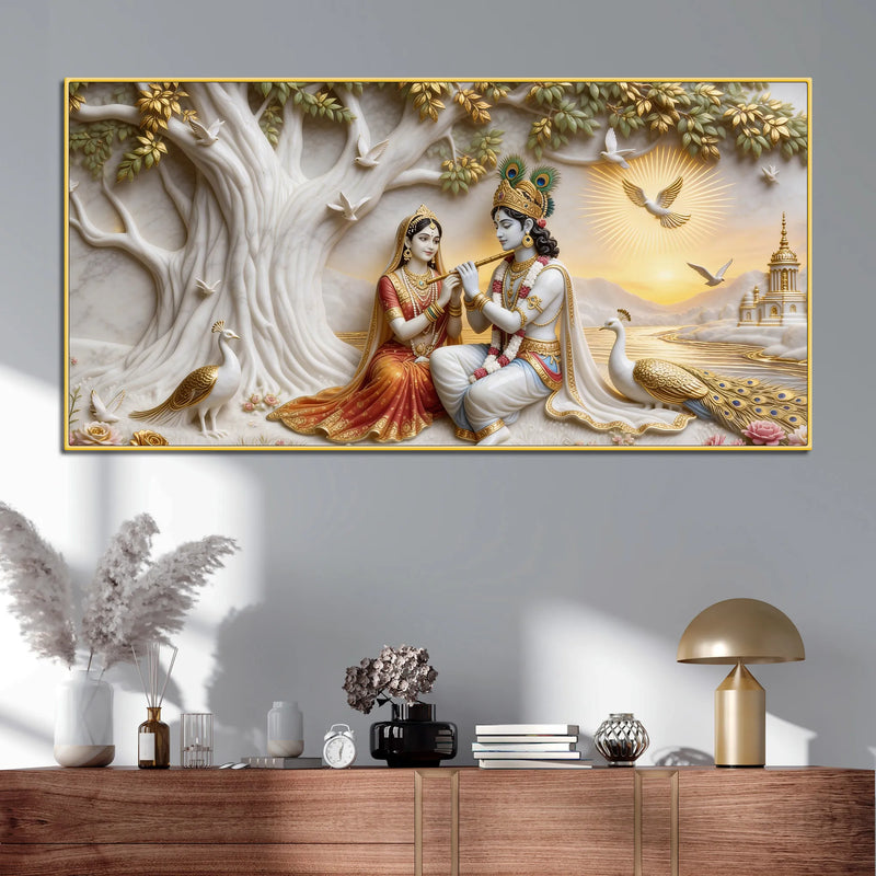 Sacred Shree Radha Krishna Riverside with Peacocks 3D Canvas Wall Painting