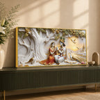 Sacred Shree Radha Krishna Riverside with Peacocks 3D Canvas Wall Painting