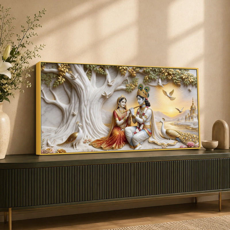 Sacred Shree Radha Krishna Riverside with Peacocks 3D Canvas Wall Painting