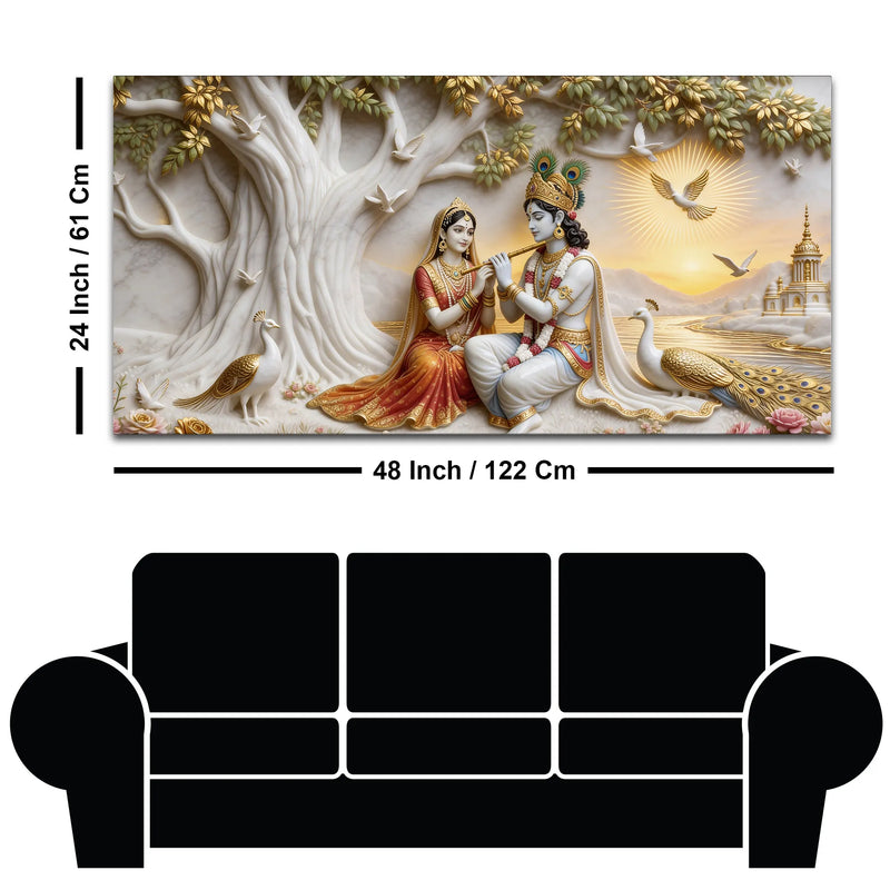 Sacred Shree Radha Krishna Riverside with Peacocks 3D Canvas Wall Painting
